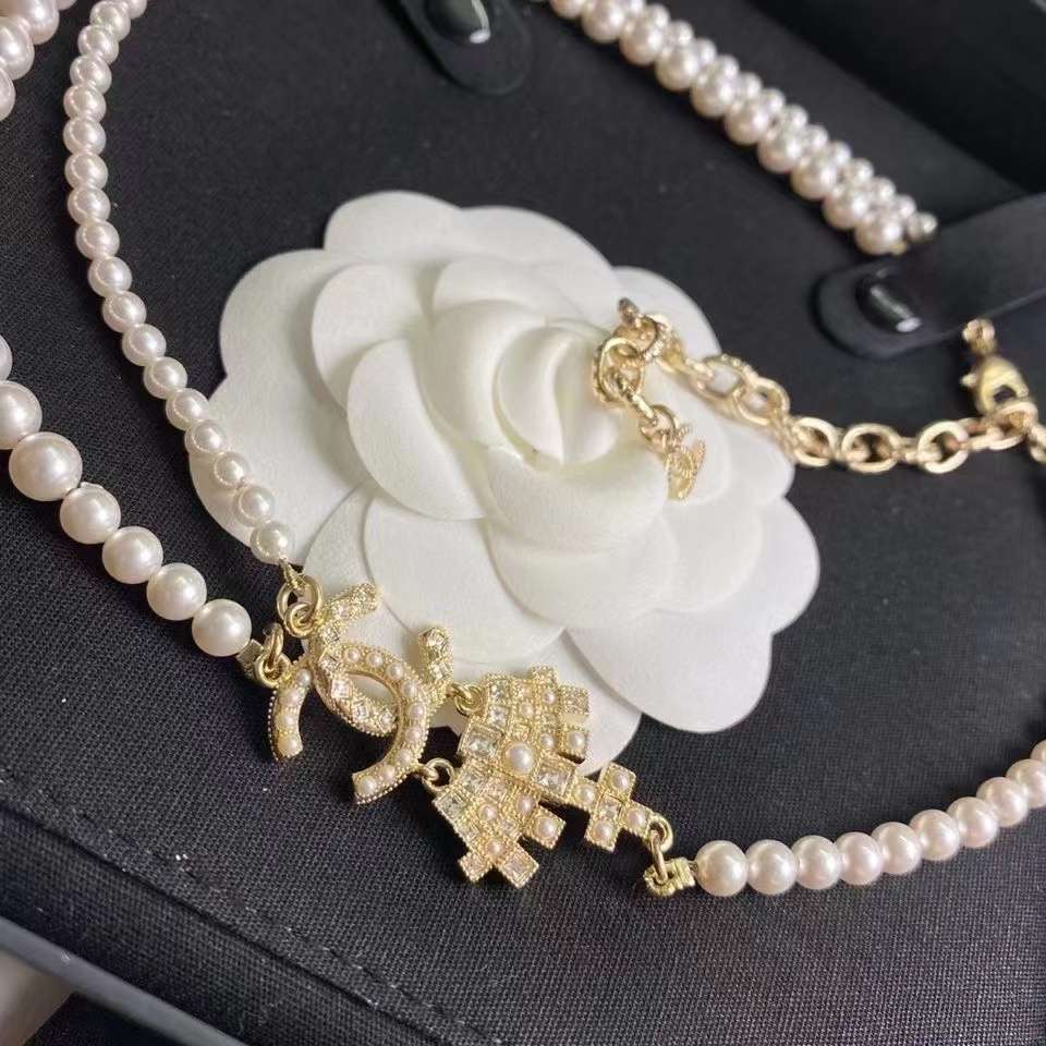 Ch**el Double Pearl Crown Necklace White For Women