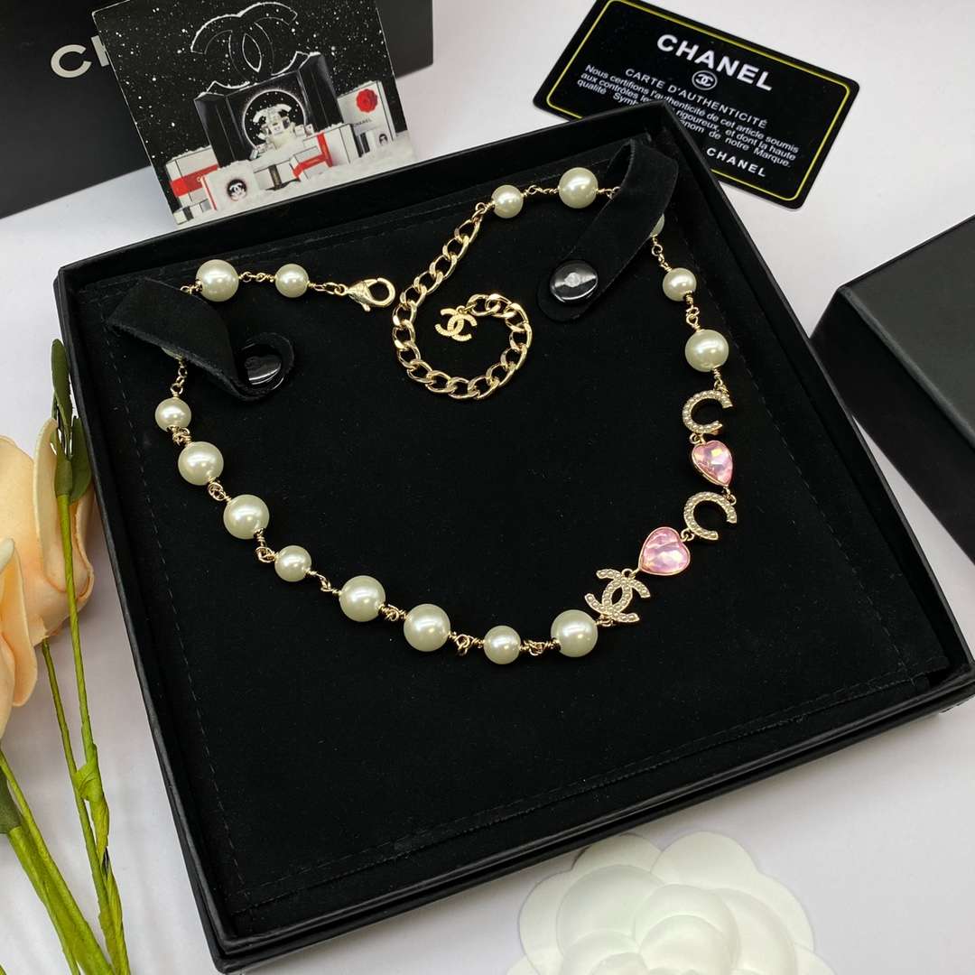 Ch**el Pearl Crystal Necklace Gold For Women