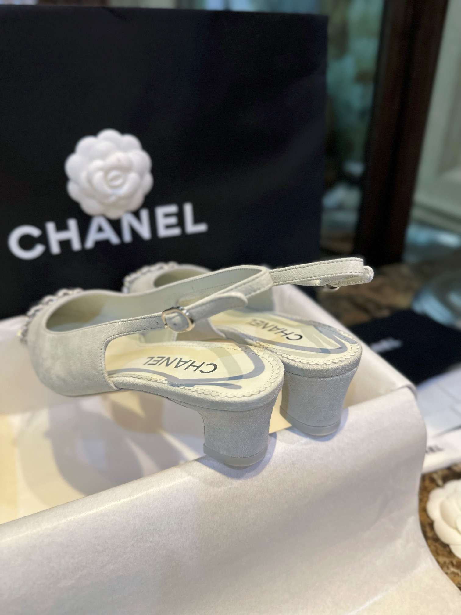 Ch**el Patent Slingback Pumps Light Grey For Women