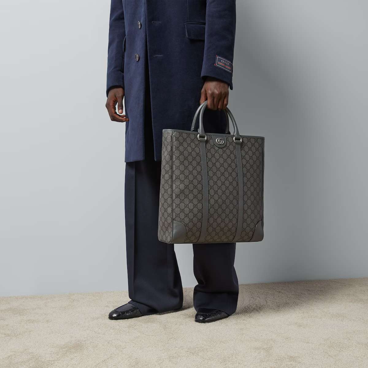 Gvc*1 Ophidia Medium Tote Grey And Black Bag For Men 763316 FACJY 1244- 15 Inches/ 38 Cm