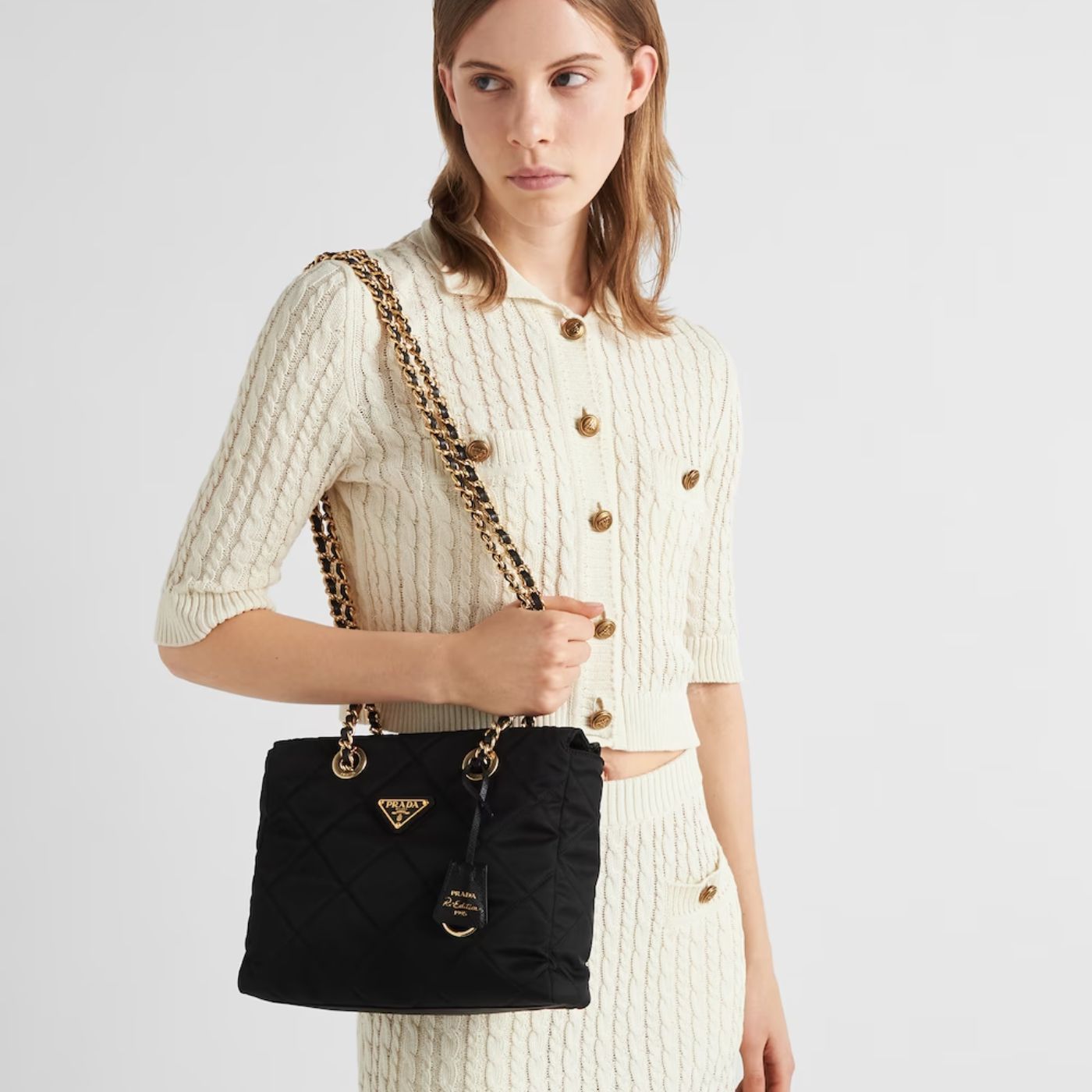 Pra*a Re-Edition 1995 Chaîne Re-Nylon Tote Black Bag For Women 1BG468_2AOS_F0002_V_COO- 25 Cm/ 9.8 Inches