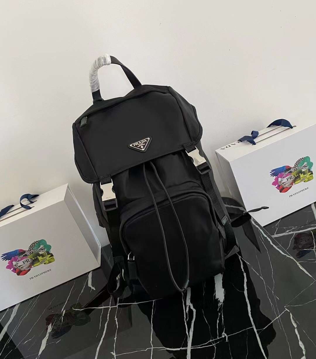 Pra*a Re-Nylon And Saffiano Backpack Black For Men 45cm / 17.7in 2VZ135_2DMG_F0002_V_HOL