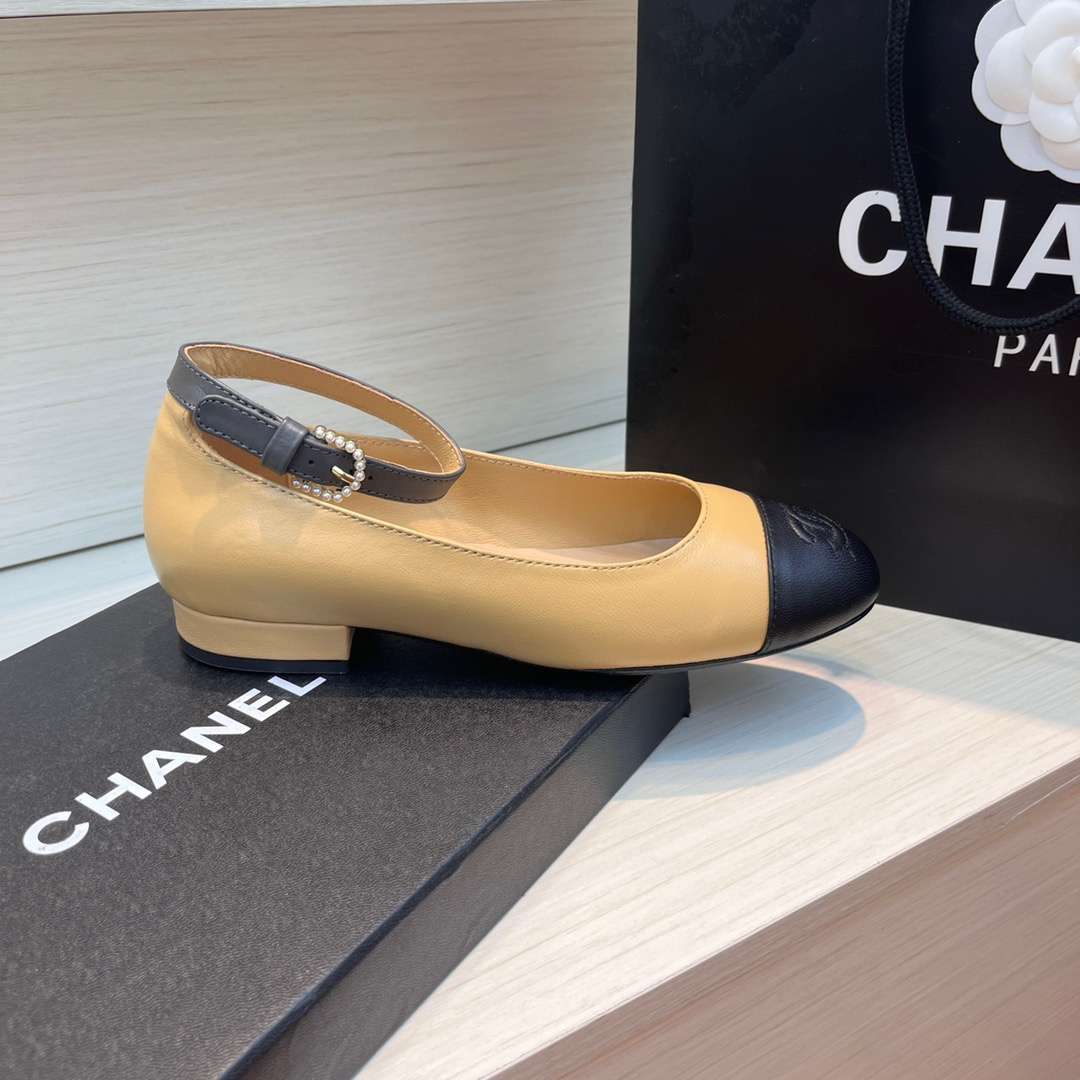 Ch**el Round Toe Flats Buckle Strap Pearl Beige For Women