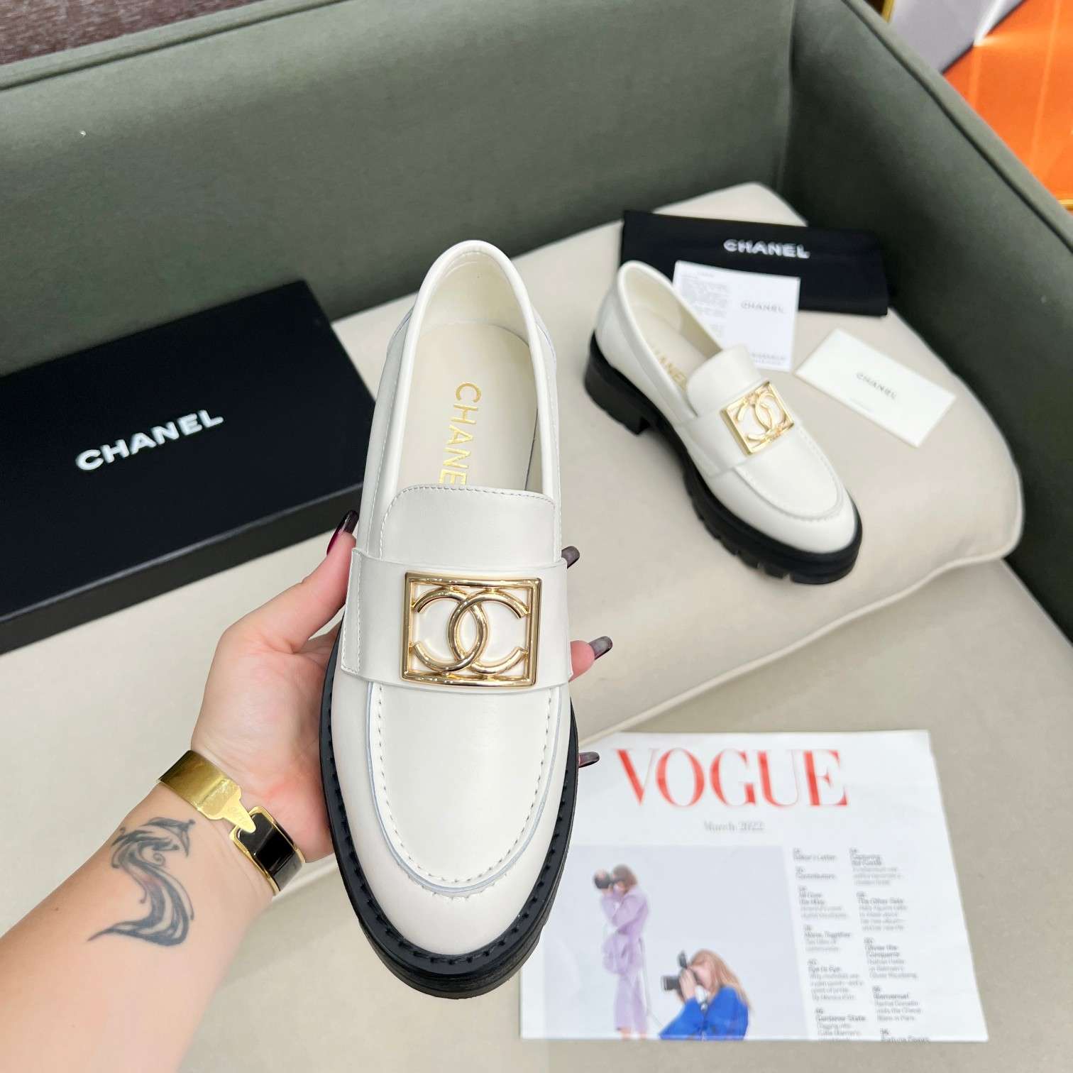 Ch**el Romance CC Embellished Loafers White For Women