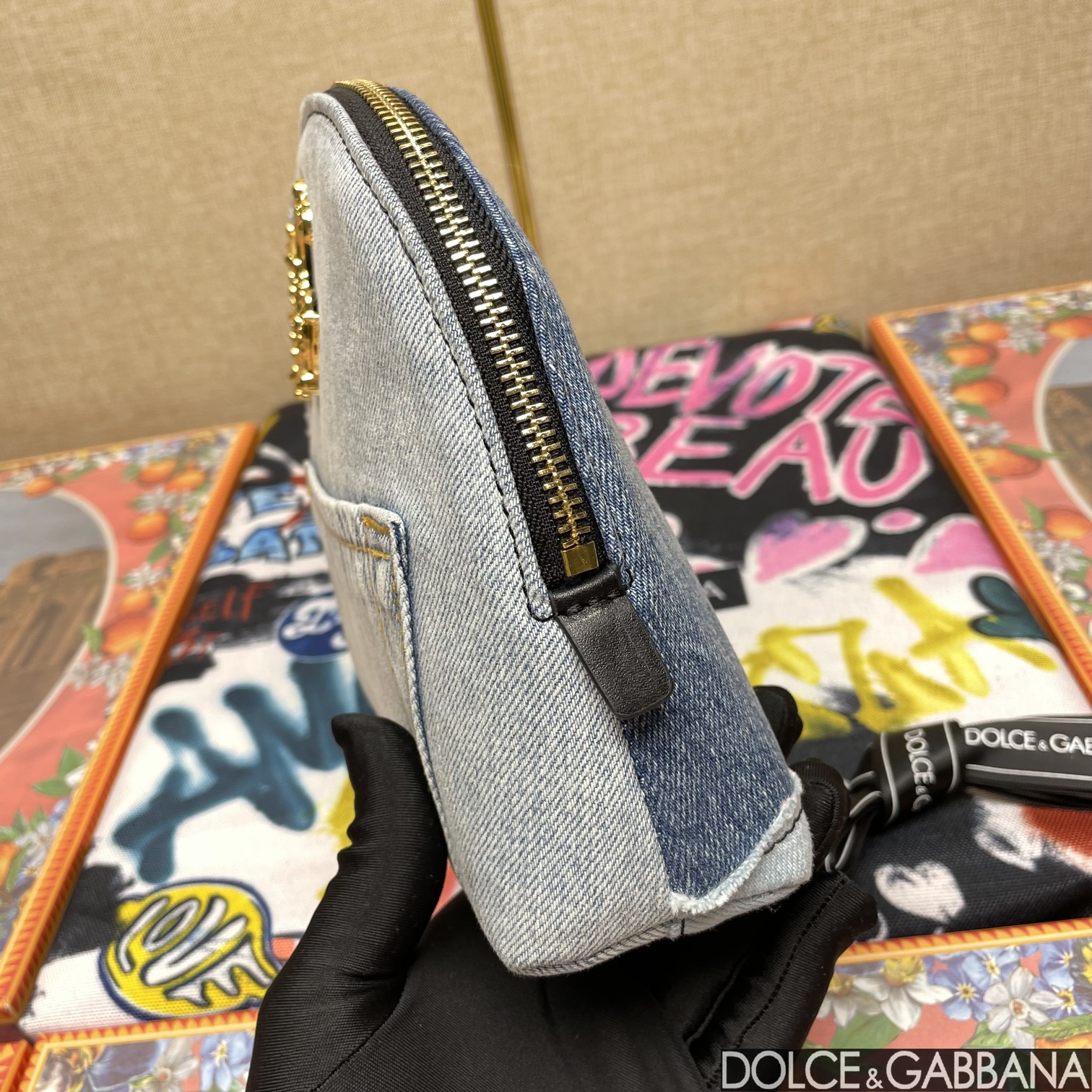 Dolce & Gabbana Patchwork Denim Make-Up Bag With Baroque Logo Grey For Women 9.4in/24cm