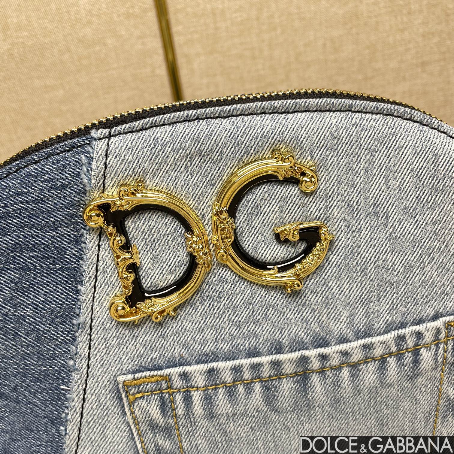 Dolce & Gabbana Patchwork Denim Make-Up Bag With Baroque Logo Grey For Women 9.4in/24cm