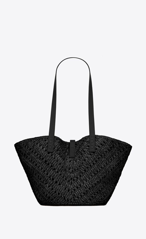 Sa1nt Lau*nt Panier Small In Raffia And Vegetable-Tanned Black For Women 15 Inches/ 38 Cm 751240GAADP1000