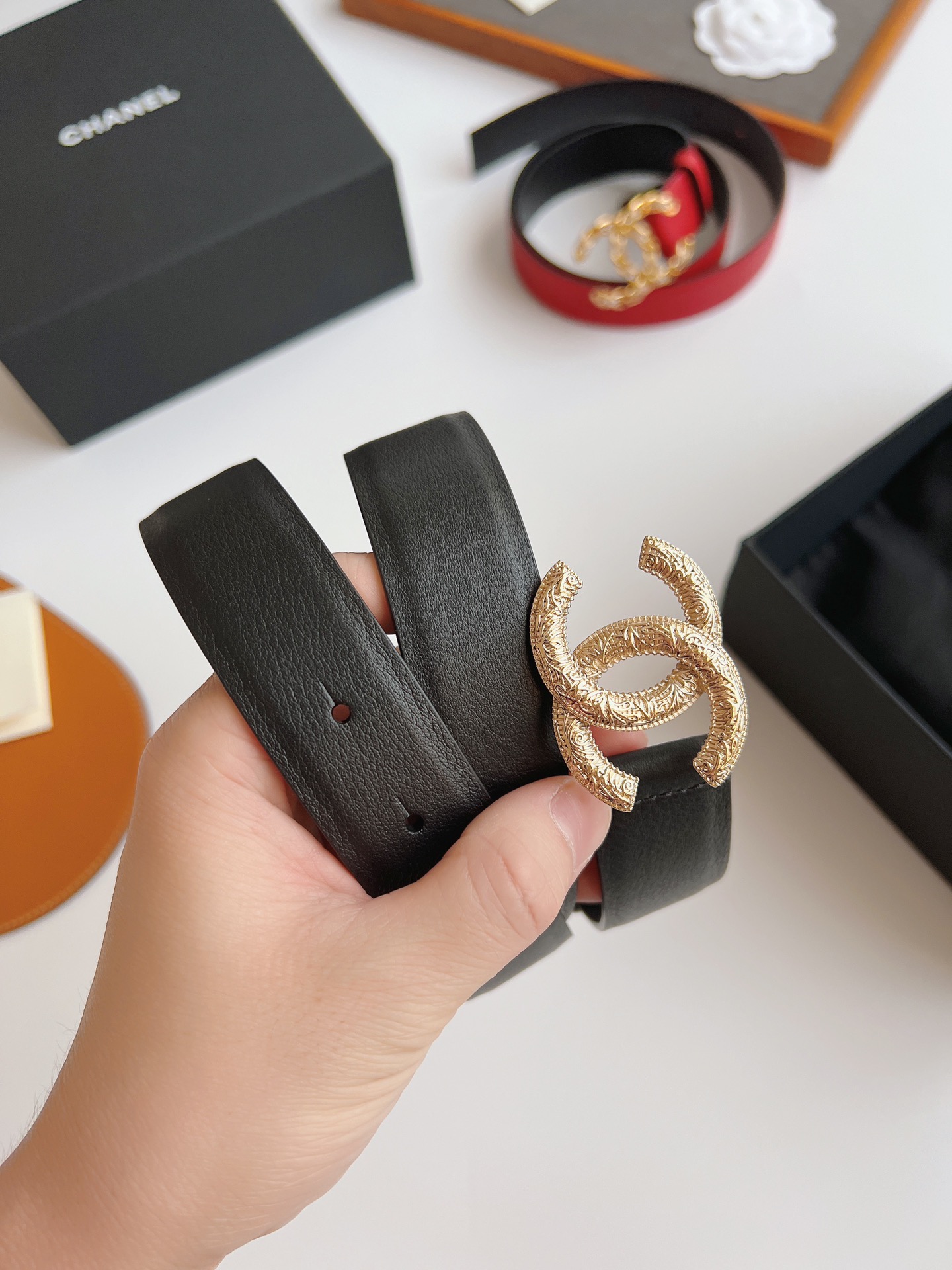 Ch**el Attach Stone Metal CC Belt Black For Women