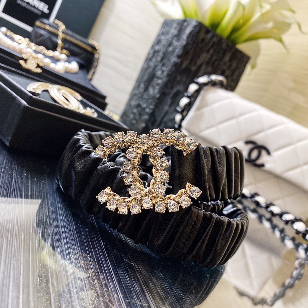 Ch**el Twinkle Stone Interlocking C Buckle Belt Black For Women