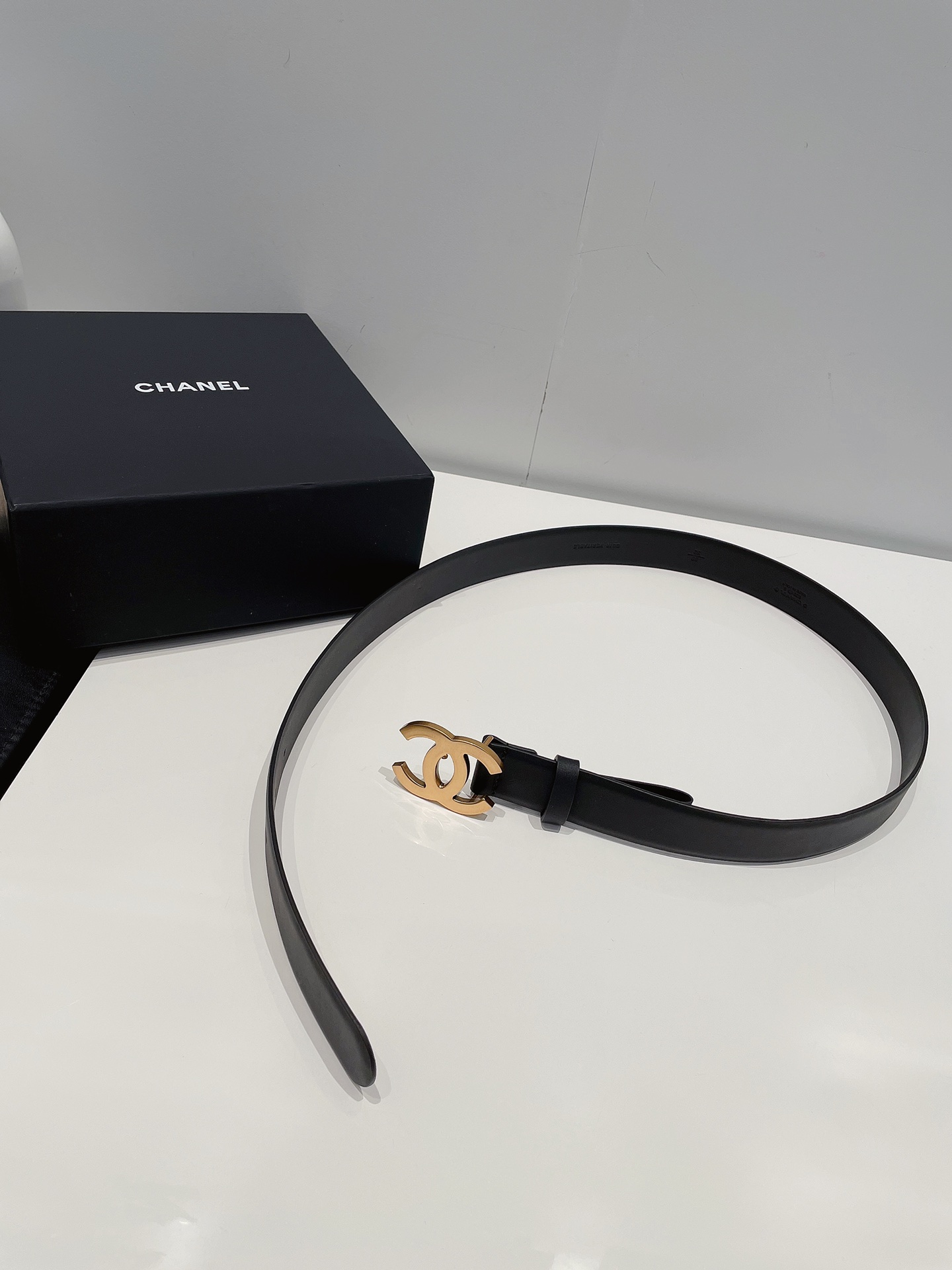 Ch**el Gold Tone Interlocking C Buckle Belt Black For Women