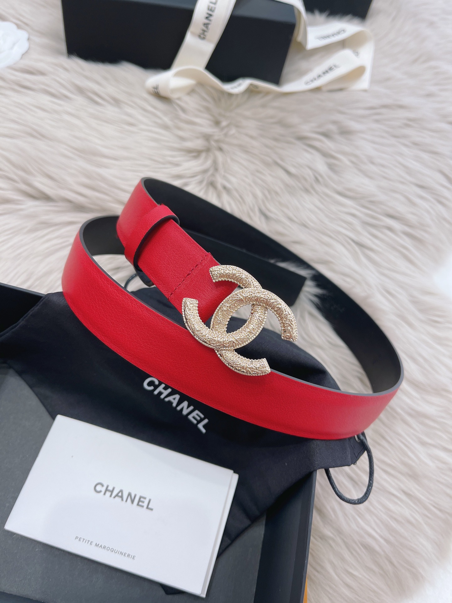 Ch**el Attach Stone Metal CC Belt Red For Women