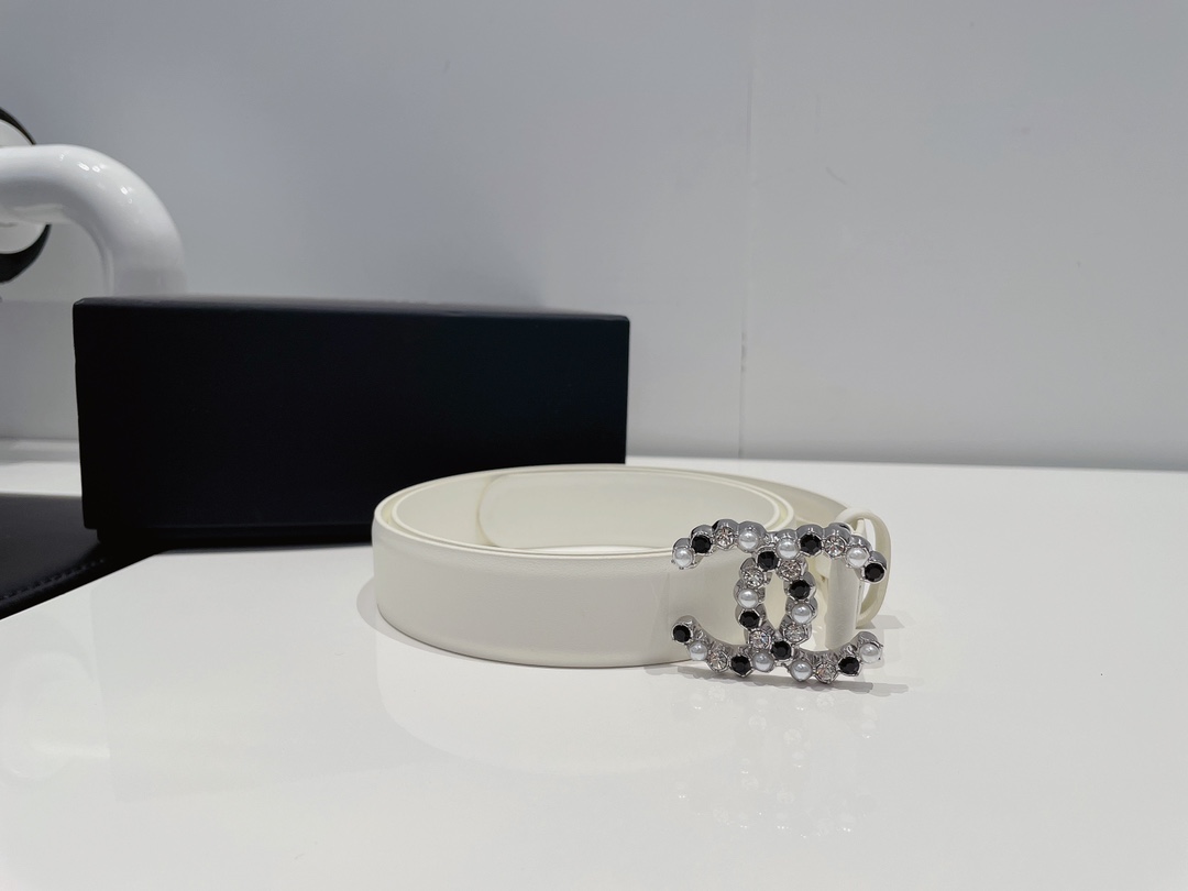 Ch**el Two Color Pearl Interlocking C Buckle Belt White For Women