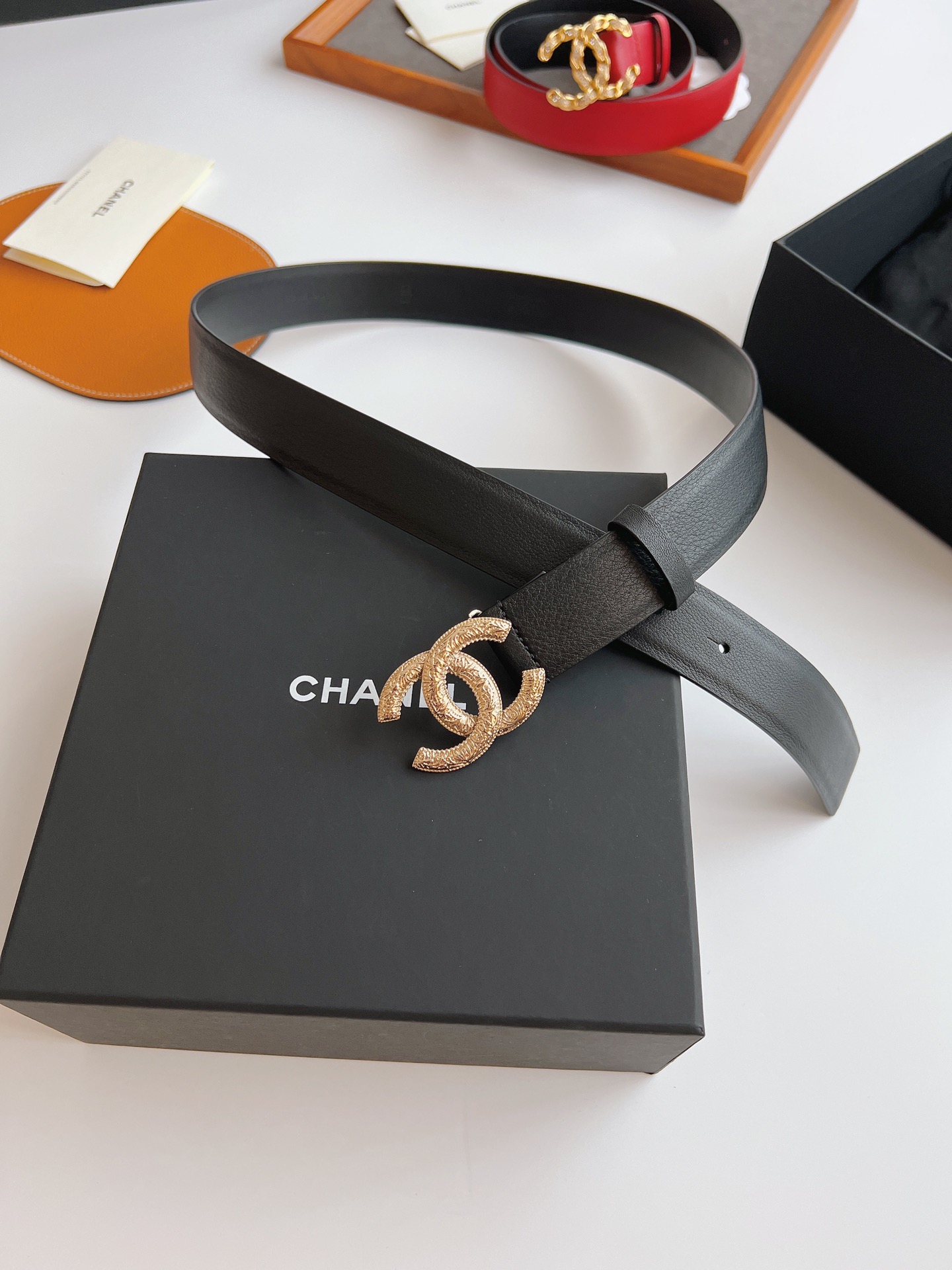 Ch**el Attach Stone Metal CC Belt Black For Women