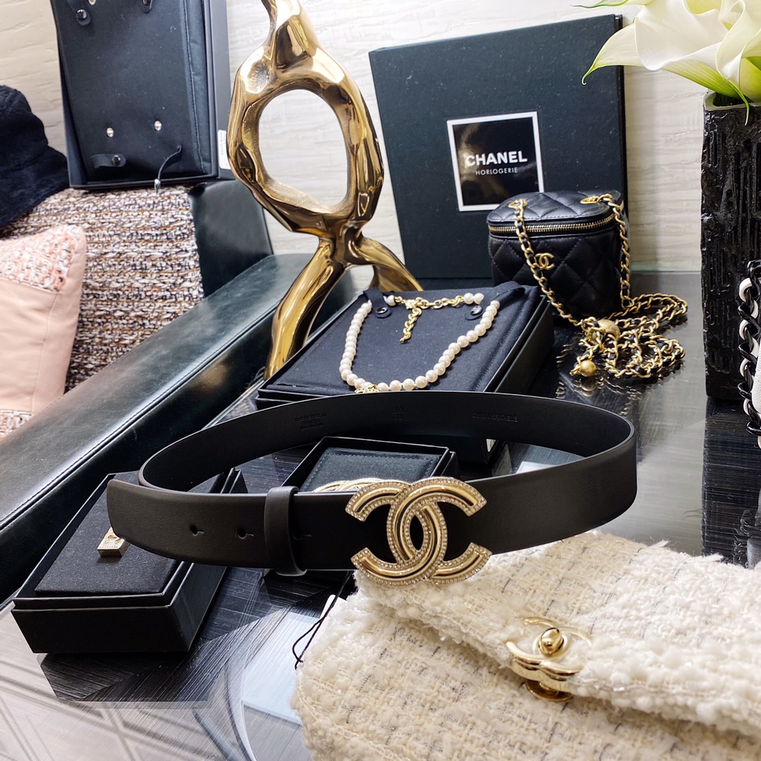 Ch**el Mini Stone Interlocking C Buckle Belt Black For Women