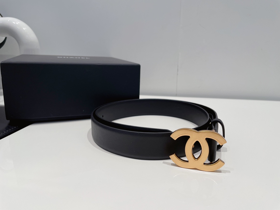 Ch**el Gold Tone Interlocking C Buckle Belt Black For Women