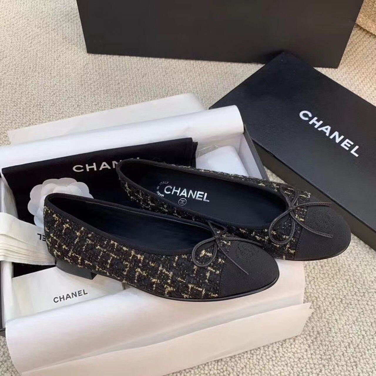 Ch**el Ballerina Flats Tweed Black/Gold For Women, Women’s Shoes G02819 K4311