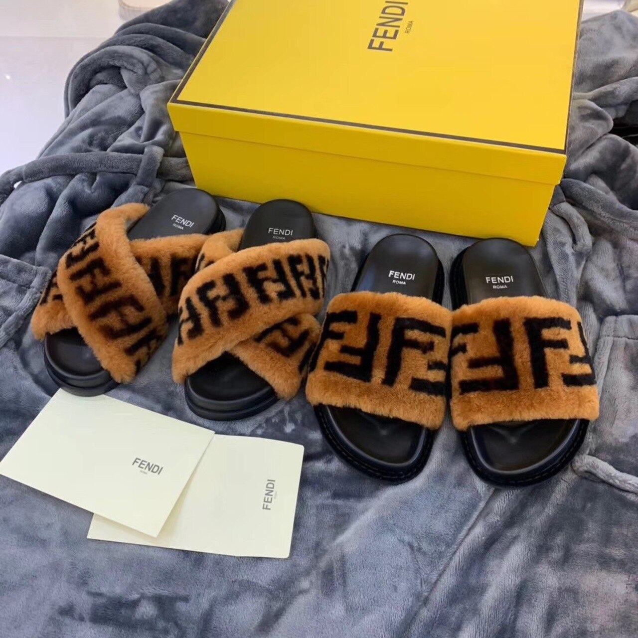 F**di Shearling FF Logo Leather & Dyed Shearling Fur Cross Slides Fall/Winter 2019 Collection, Black/Brown