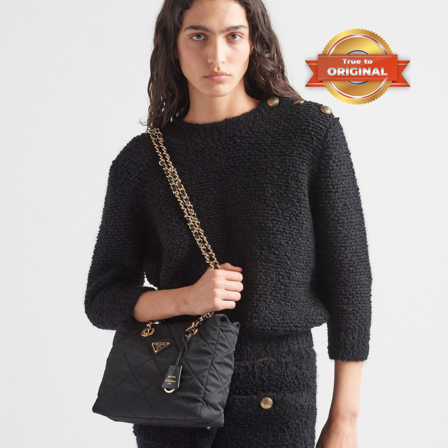 [True-to-ORIGINAL] Pra*a Re-Edition 1995 Chaîne Re-Nylon Tote Bag Black For Women 25cm/9.8in 1BG468_2AOS_F0002_V_COO