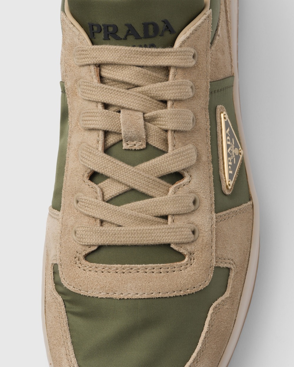 Pra*a Downtown Delavé Suede And Re-Nylon Sneakers Ecru/Military For Men 2EE364_3KUY_F03TK_F_D002