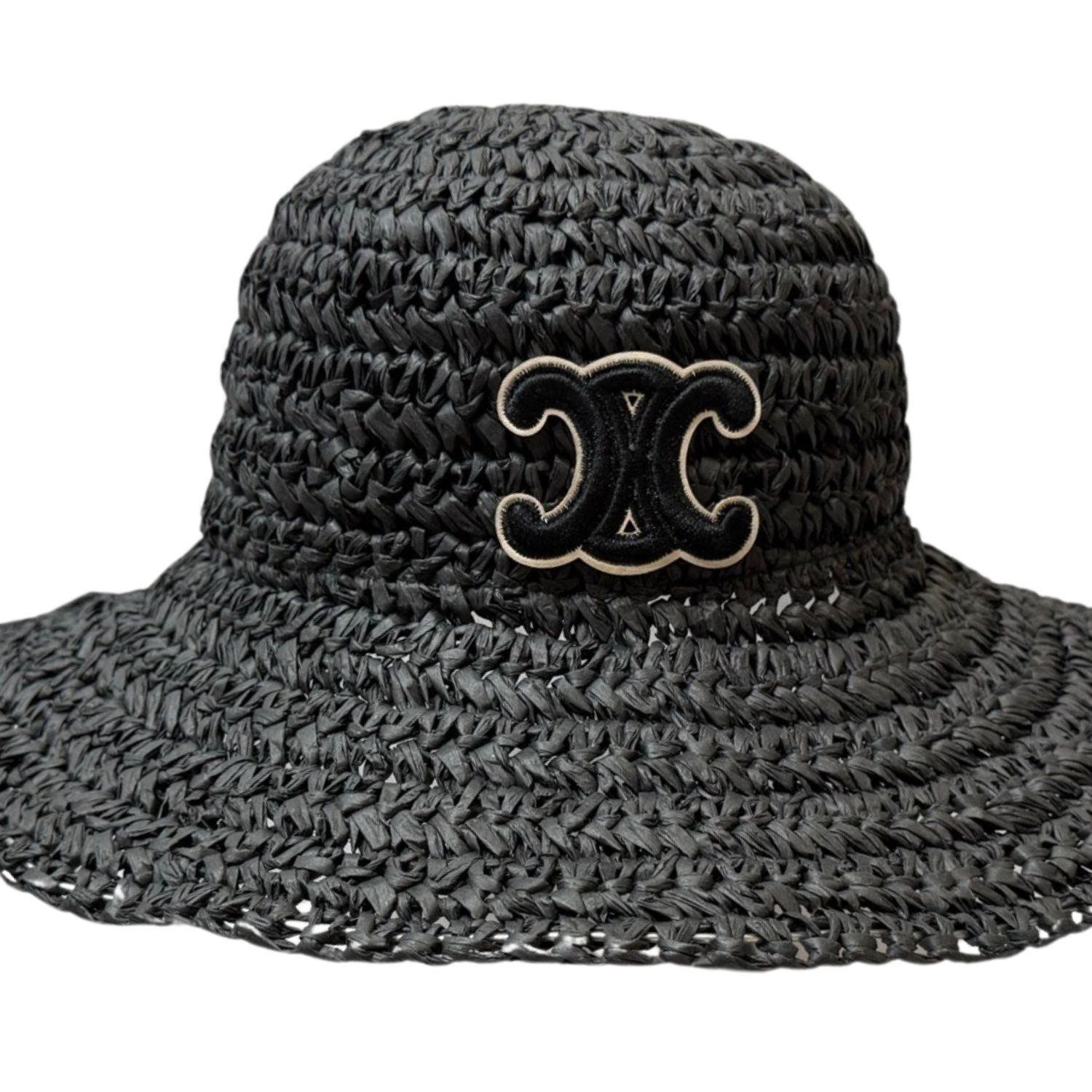 Ce1i*e Wide Brim Straw Hat Raffia Black For Women 57cm/22.4in