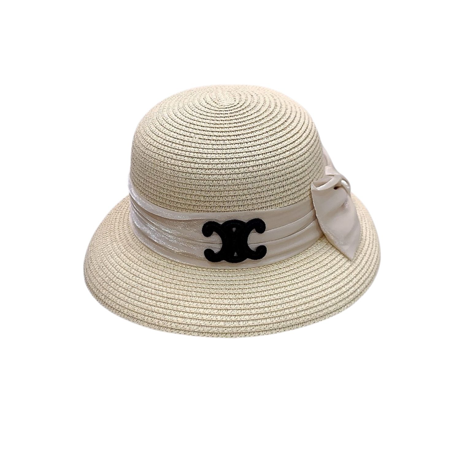 Ce1i*e Straw Hat With Satin Ribbon Bow Beige For Women 58cm/22.8in