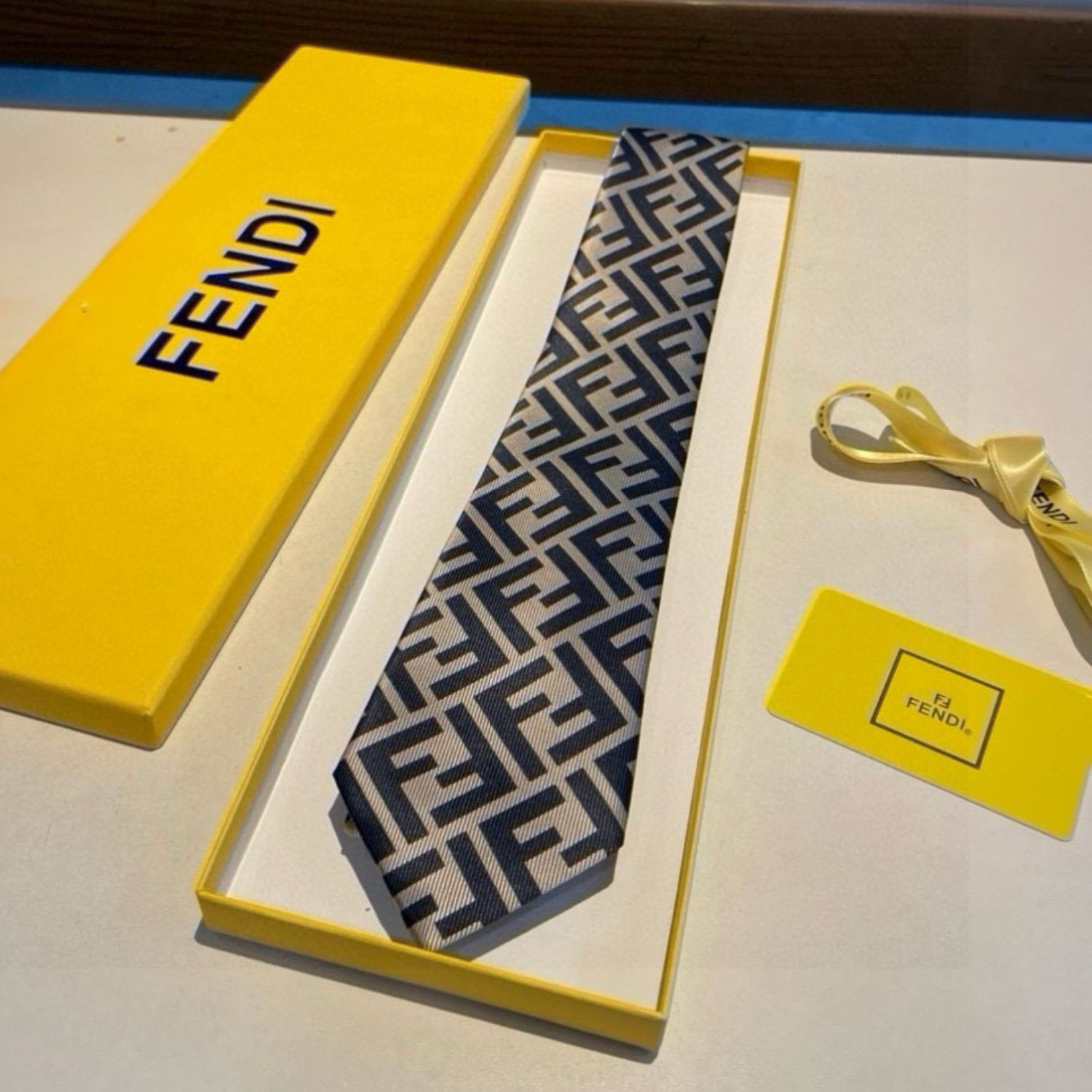 F**di FF Logo Silk Tie in Navy and Beige For Men