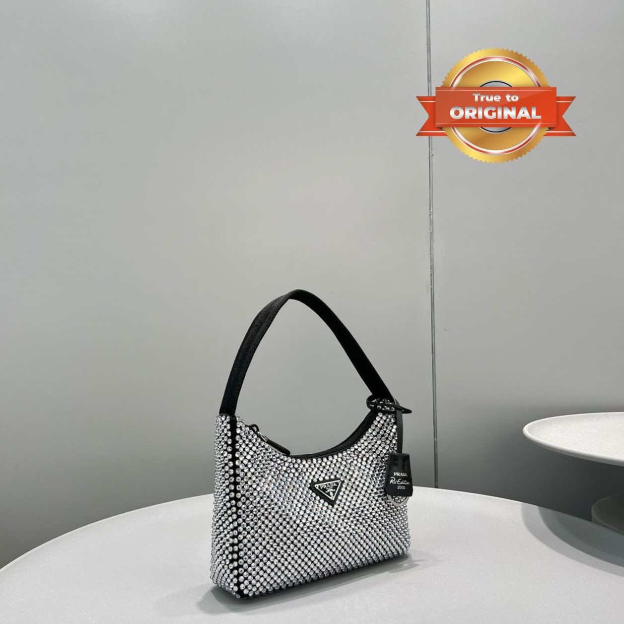 [True-to-ORIGINAL] Pra*a Satin Mini-Bag With Crystals Silver For Women 8.6in/22cm 1BC515_2AWL_F0T7O_V_OOO