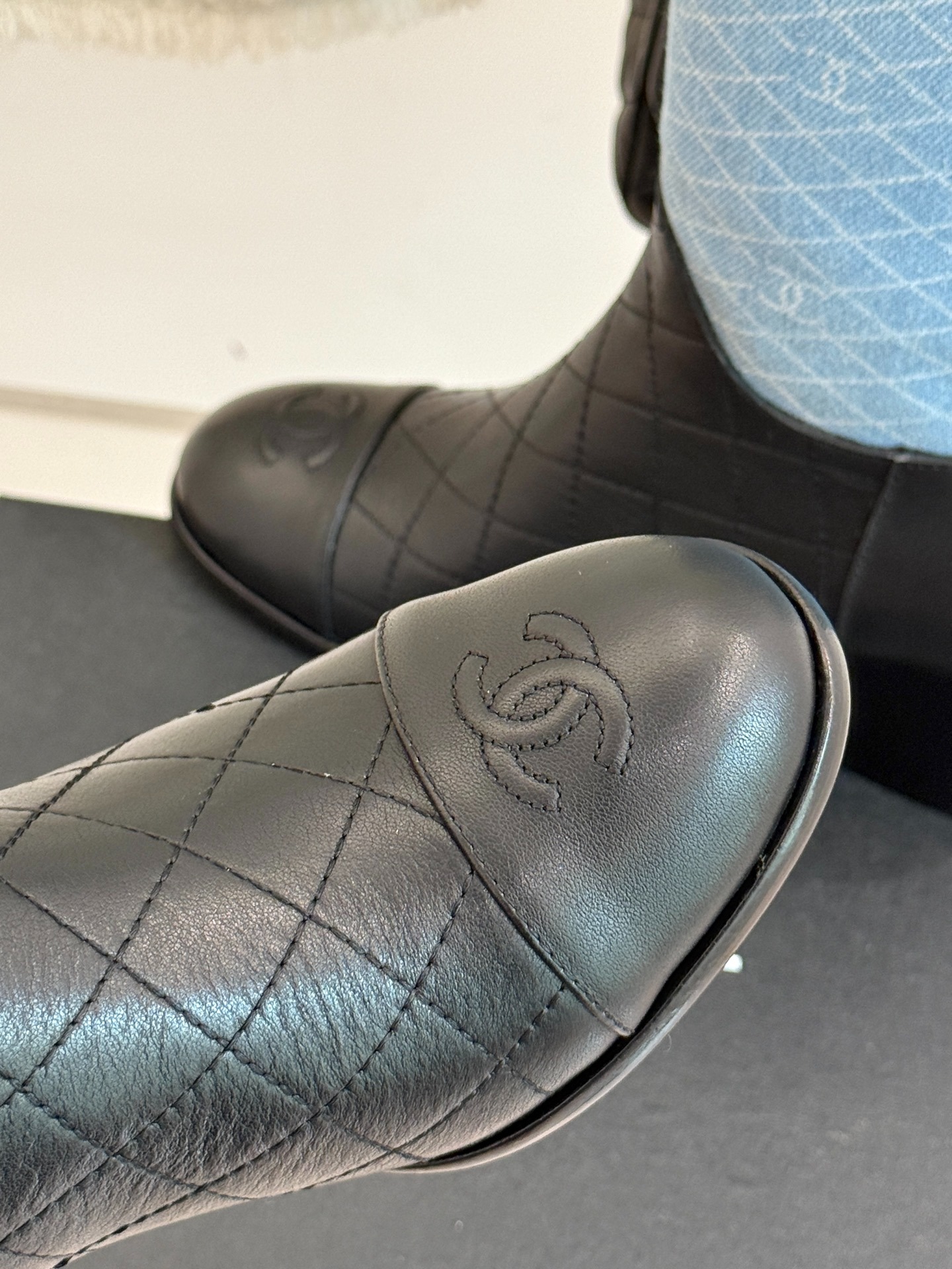 Ch**el Double C Chunky Heel Boots With Chain Detail Light Blue Denim For Women