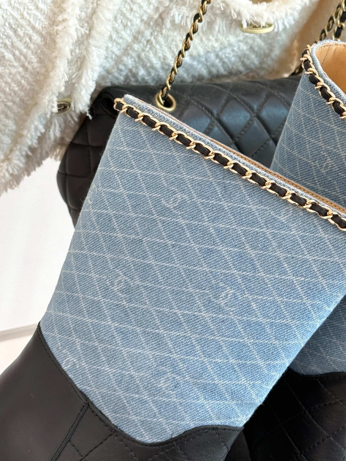 Ch**el Double C Chunky Heel Boots With Chain Detail Light Blue Denim For Women