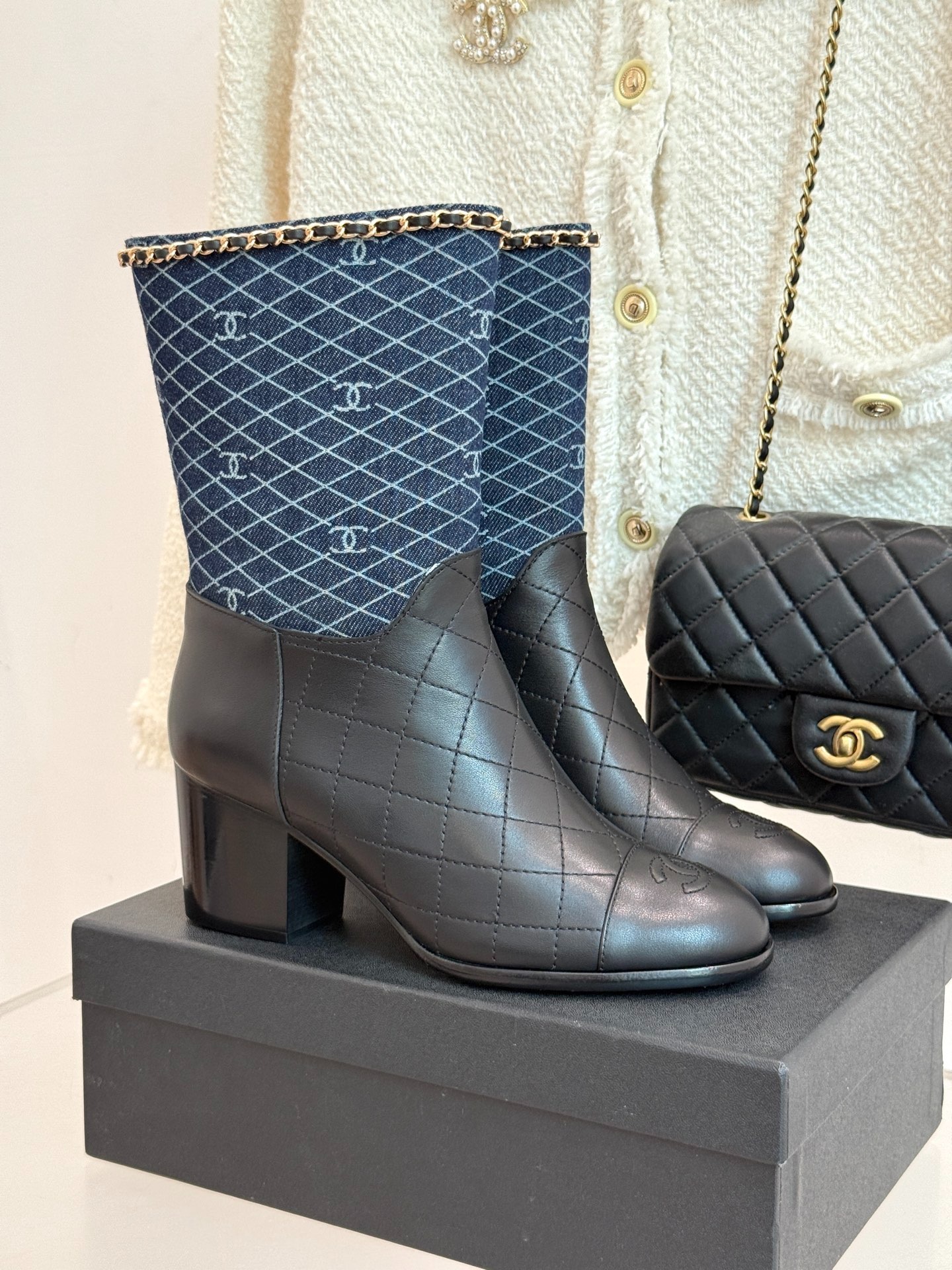 Ch**el Double C Chunky Heel Boots With Chain Detail Blue Denim For Women