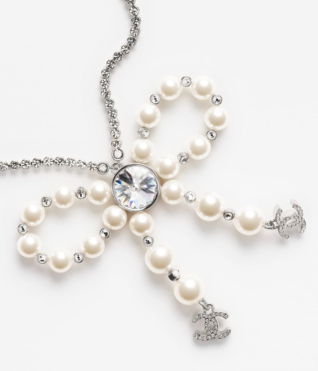 Ch**el Bow Pendant Necklace Silver Pearly White For Women – ABG210-B21707-U2865