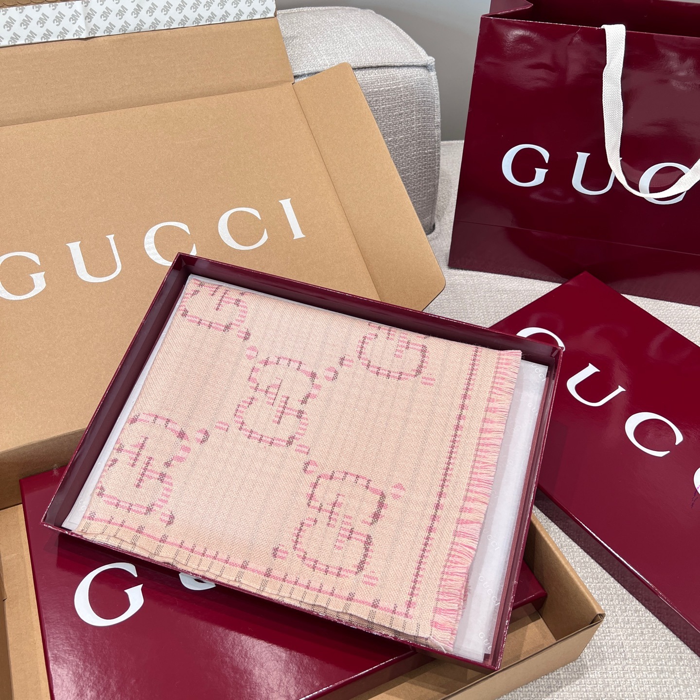 Gvc*1 Check GG Scarf Ivory And Pink 70.8in/180cm ‎774419 3GAMQ 9272