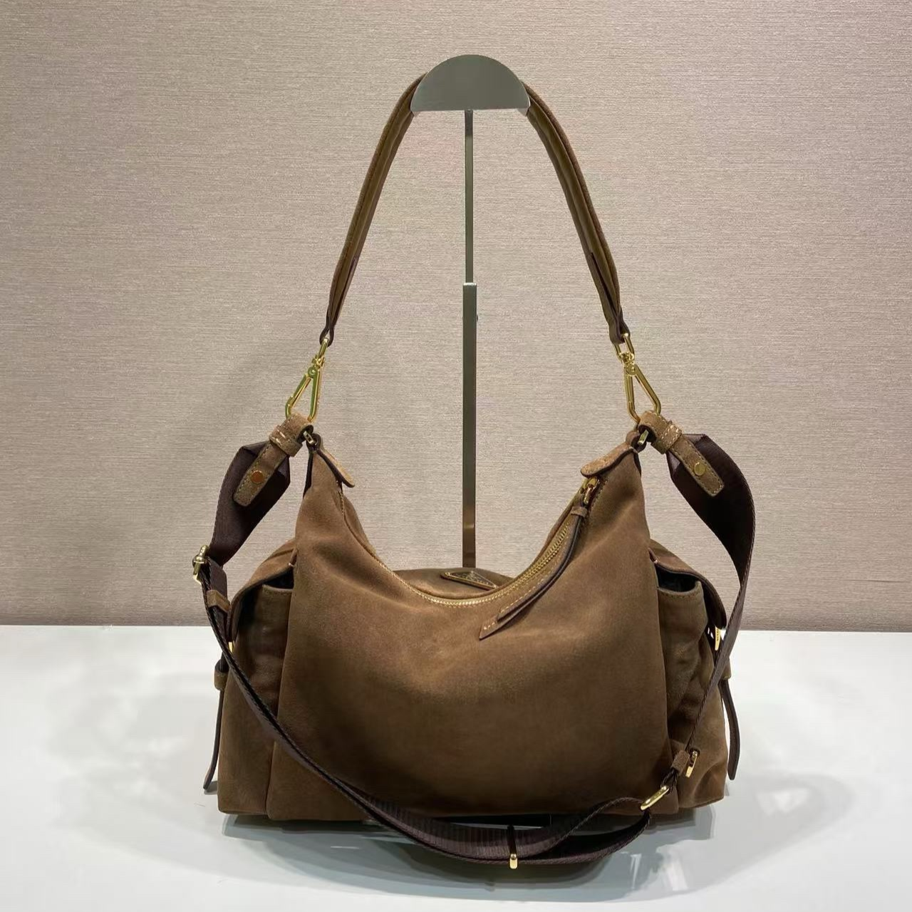 [True-to-ORIGINAL] Pra*a Explore Large Suede Bag Cocoa Brown For Women 32cm/12.6in 1BC264_008_F0324_V_NOO