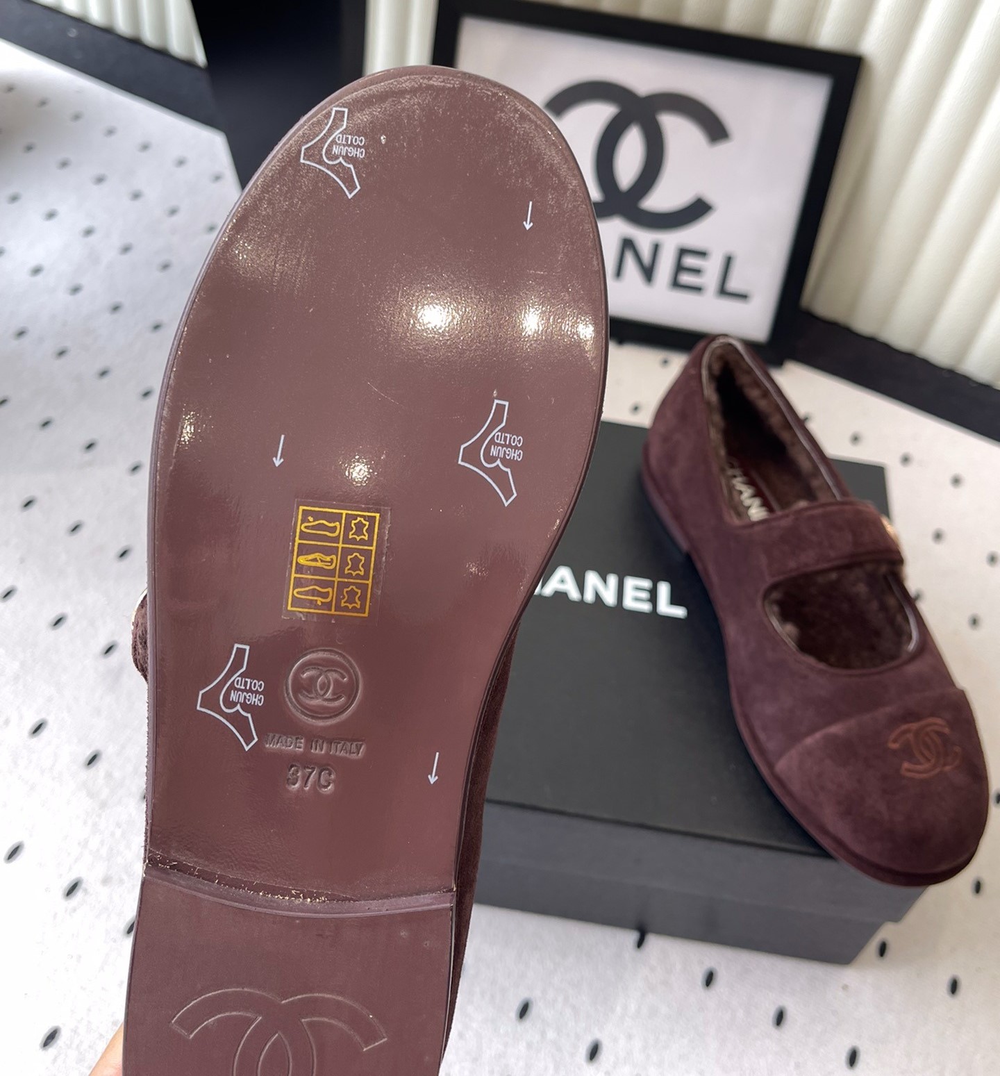 Ch**el Mary Jane Flats Burgundy Suede Shearling For Women