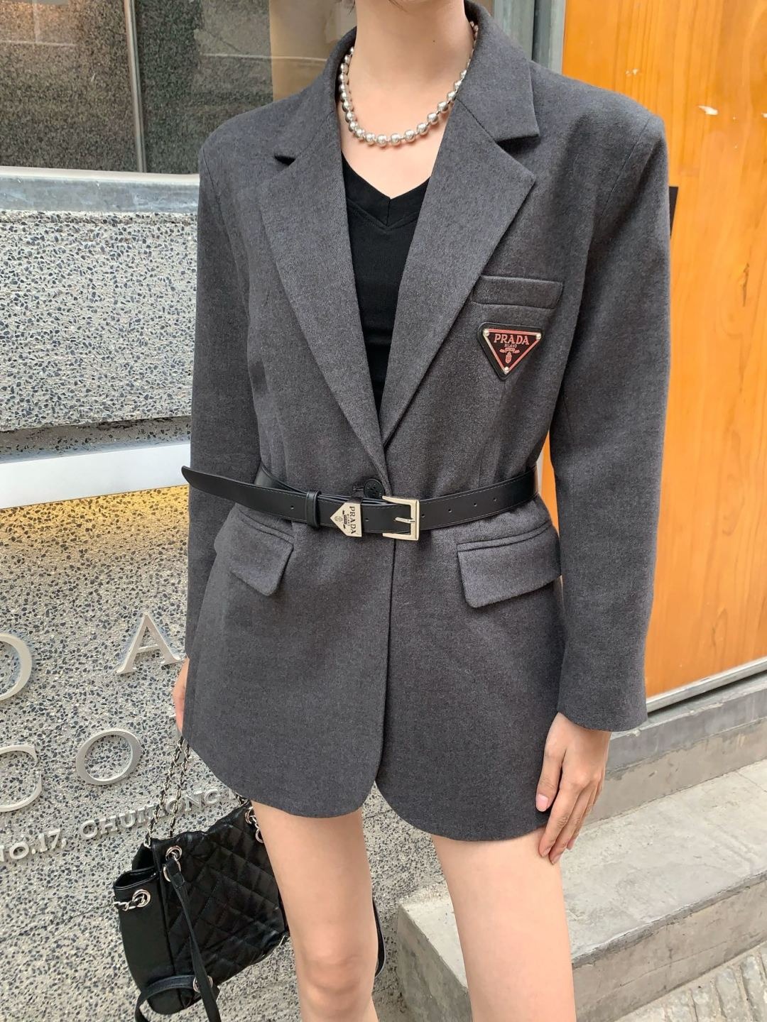 Pra*a Belted Tailored Blazer With Triangle Logo Grey For Women