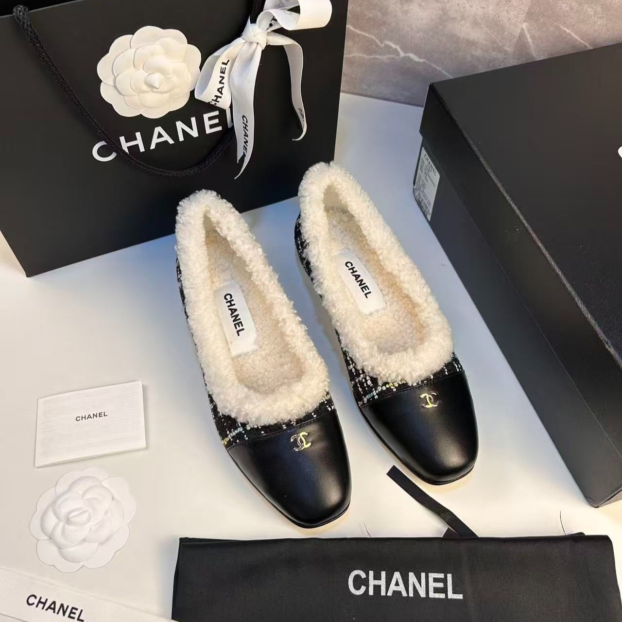 Ch**el Shearling Ballet Flats Black For Women