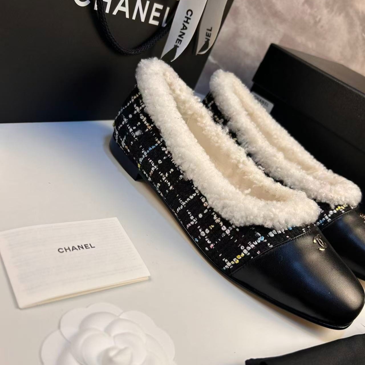 Ch**el Shearling Ballet Flats Black For Women