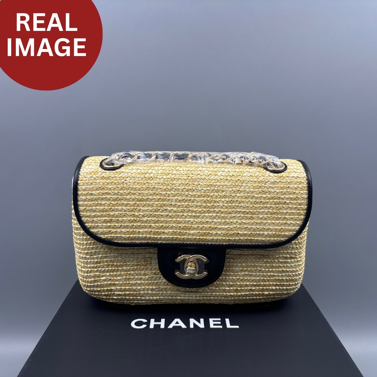 Ch**el Small Flap Bag Dark Beige/Black Straw For Women 9.1in/23cm