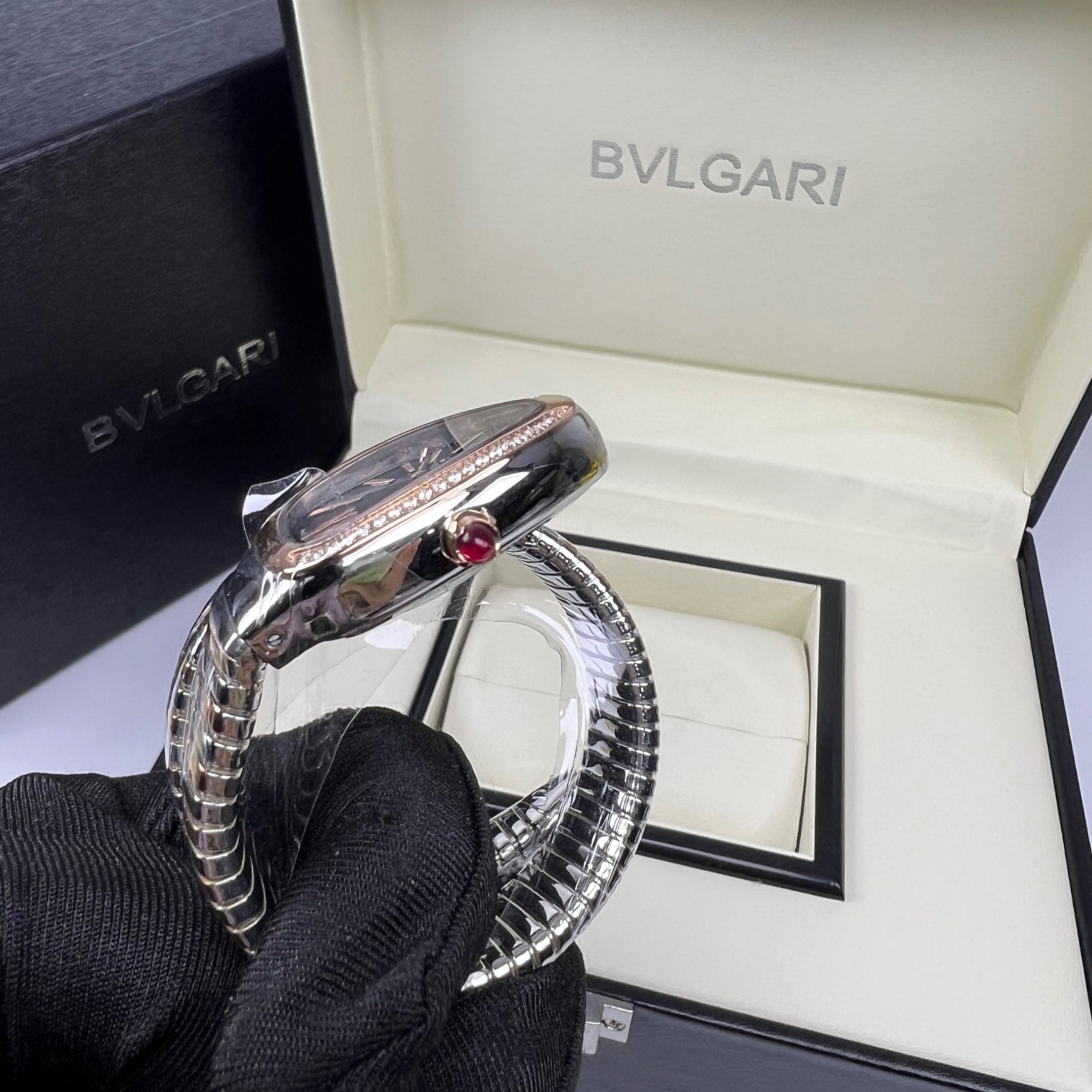 Bv1g*ai Serpenti Tubogas Watch Silver/Rose Gold Toned Black Dial 35mm For Women 103823
