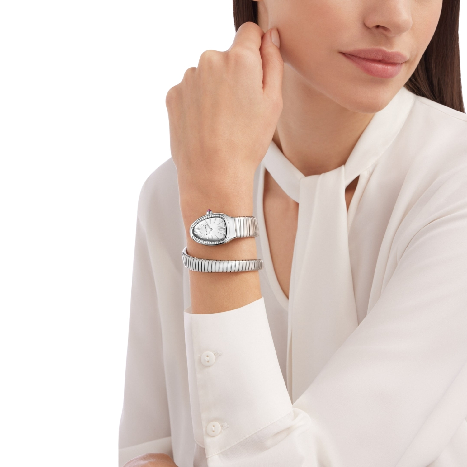 Bv1g*ai Serpenti Tubogas Watch Silver Toned White Dial 35mm For Women 101816