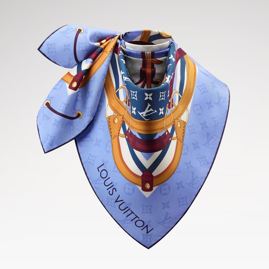 L0vis Vvtt0n Flower And Straps Square 90 Scarf Blue Denim For Women M94977