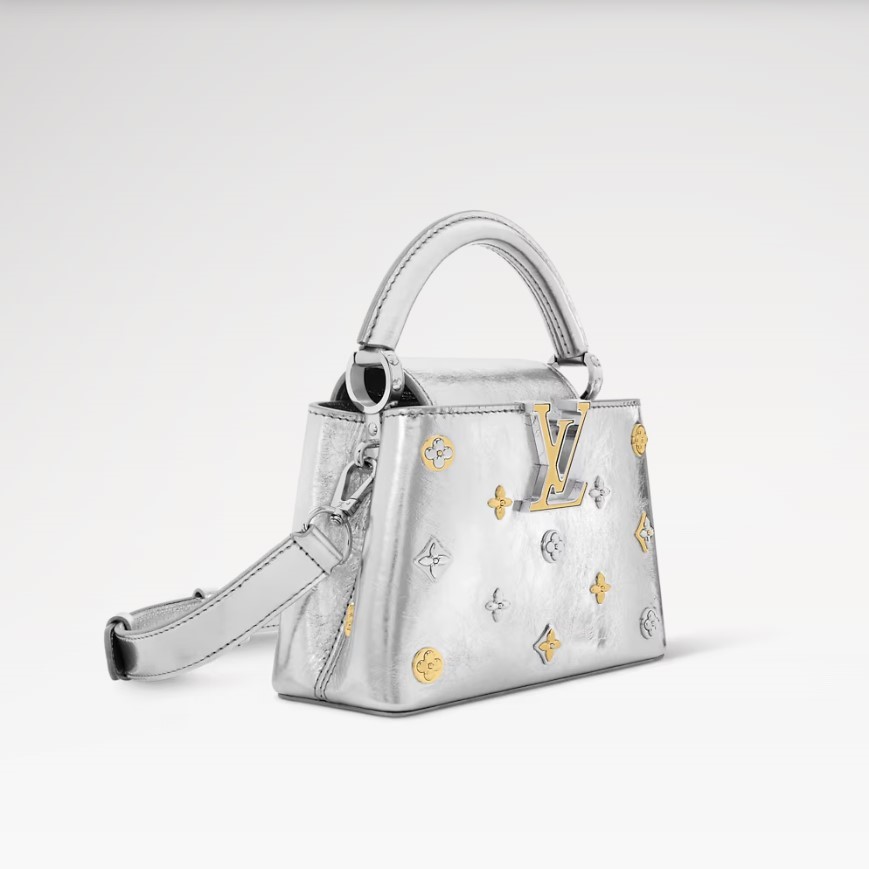 L0vis Vvtt0n Capucines Mini Top Handle Bag 8.3in/ 21cm Silver Metallic Silver/ Gold Hardware For Women M26258