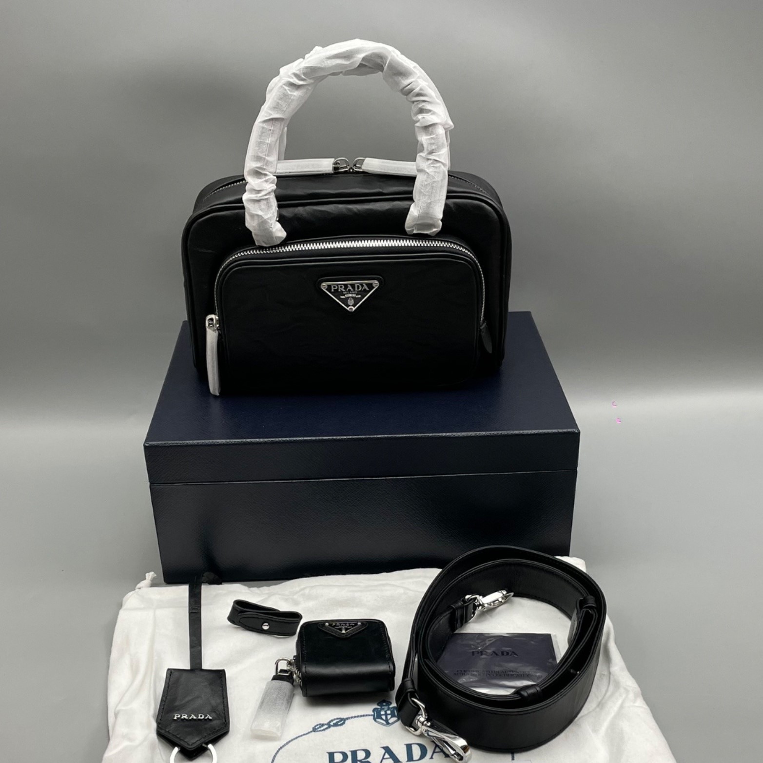 [True-to-ORIGINAL] Pra*a Antique Nappa Multi-Pocket Top-Handle Bag Black For Women 9.5in/24cm 1BB098-UVL-F0002-V-T2O