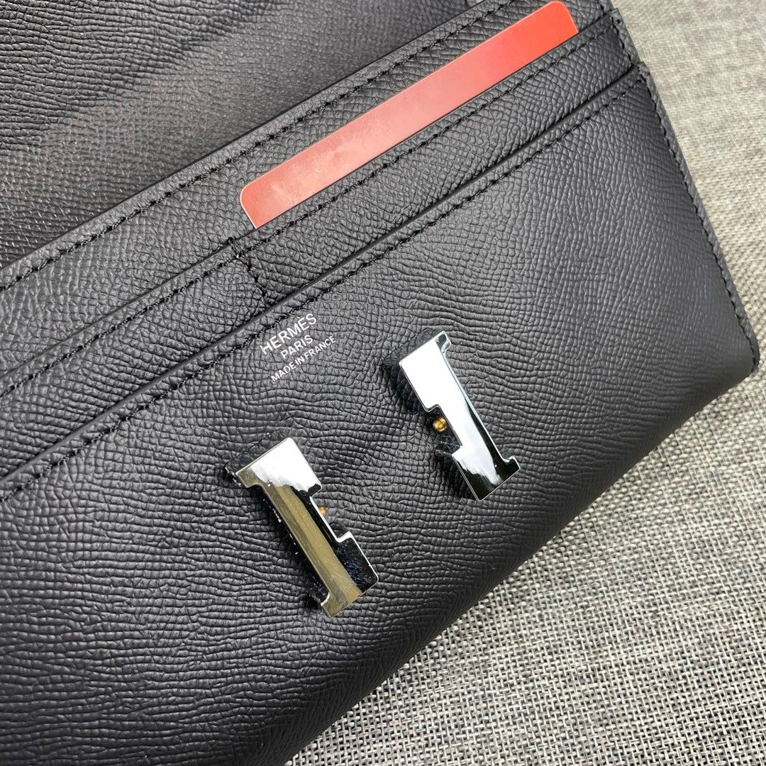 H**me5 Constance Togo Long Wallet 20cm/7.9in Silver Toned Hardware For Women Black