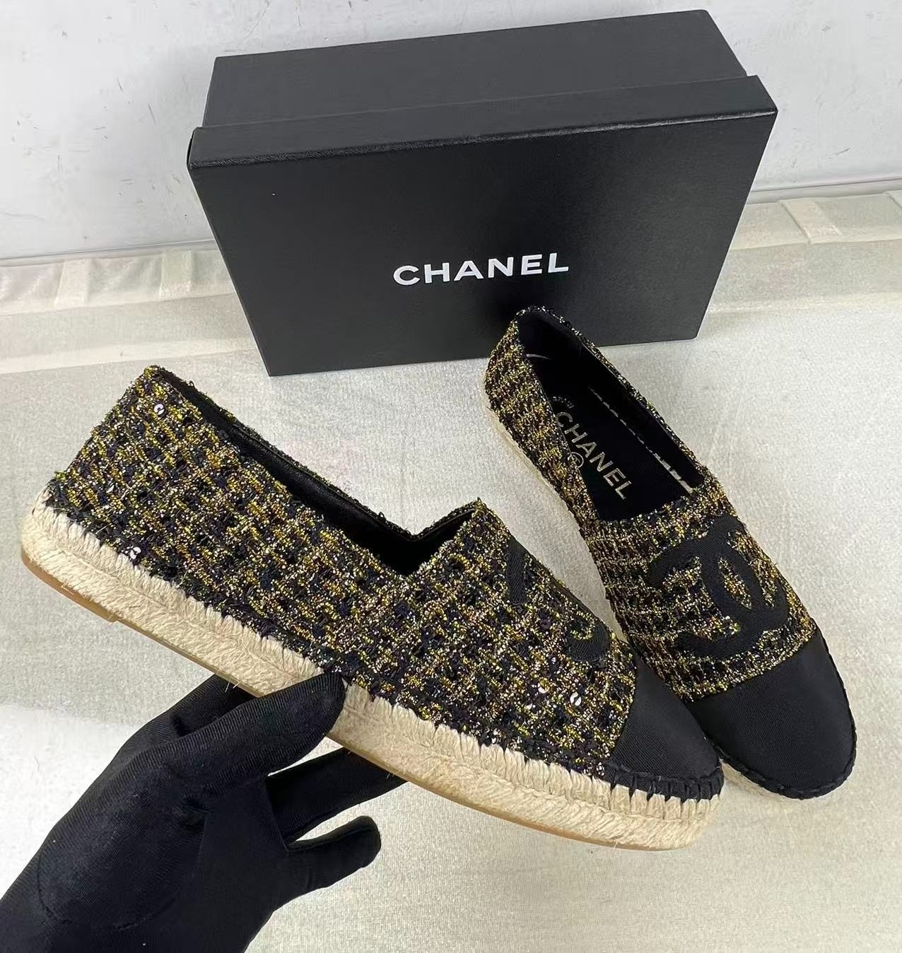 Ch**el Espadrilles Tweed Black/Gold For Women
