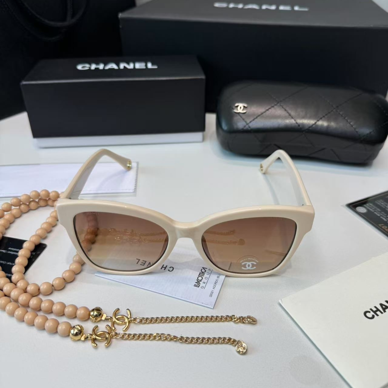 Ch**el Square Sunglasses Beige And Gold For Women A71510 X08101 S9713