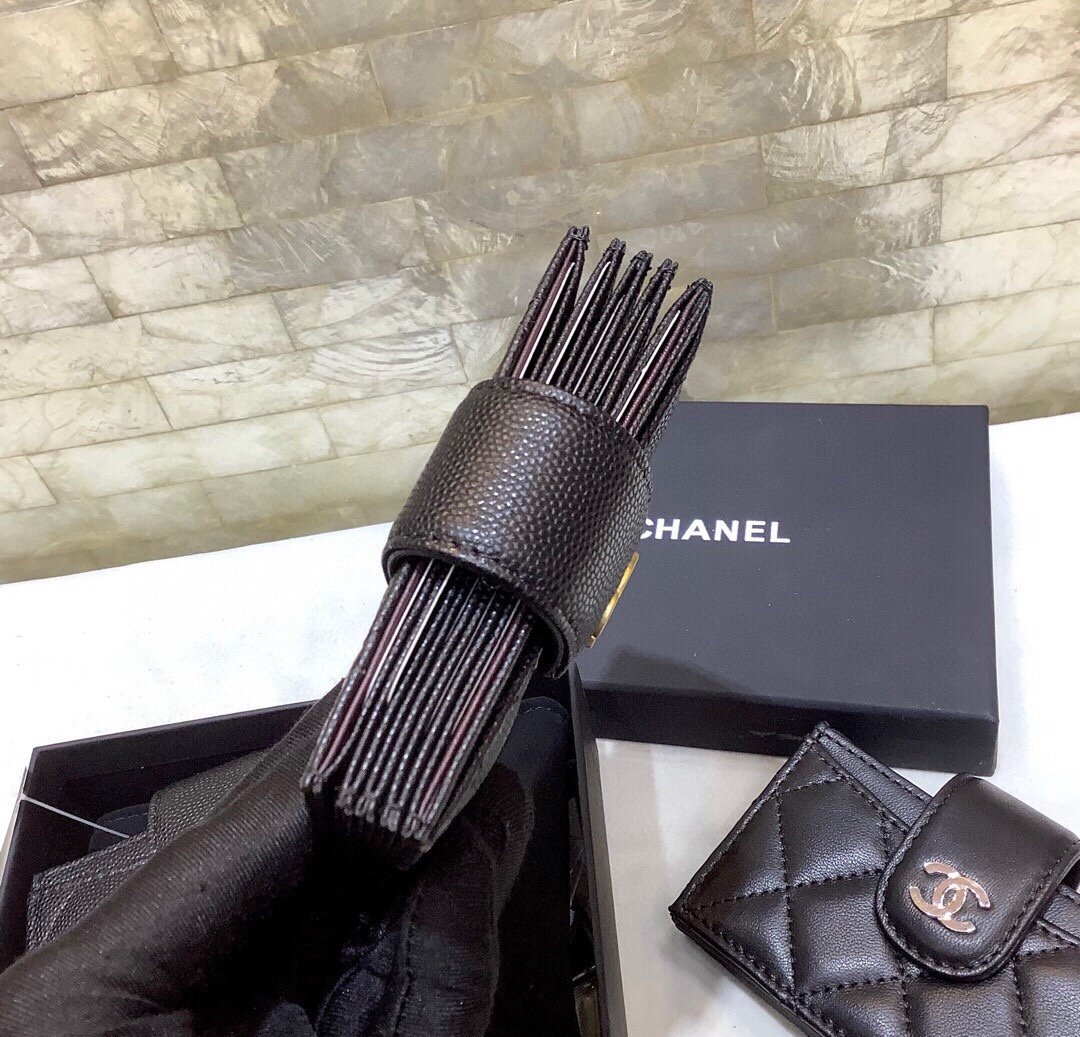 Ch**el CO-CO Card Holder Wallet Black Gold Hardware For Women 10cm/4in