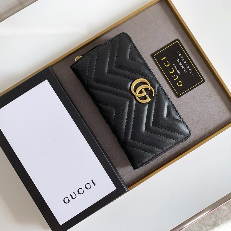 Gvc*1 GG Marmont Zip Around Wallet Black For Women 7.4in/19cm 443123 DTD1T 1000