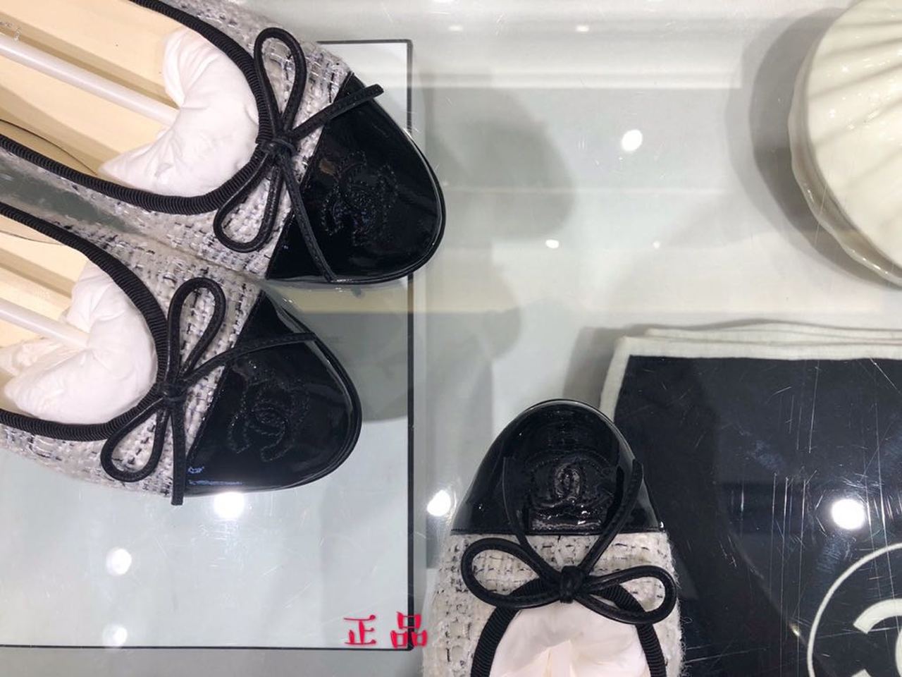 Ch**el Ballerina Flats Tweed & Grosgrain Calfskin Leather Fall/Winter Collection Grey/Black