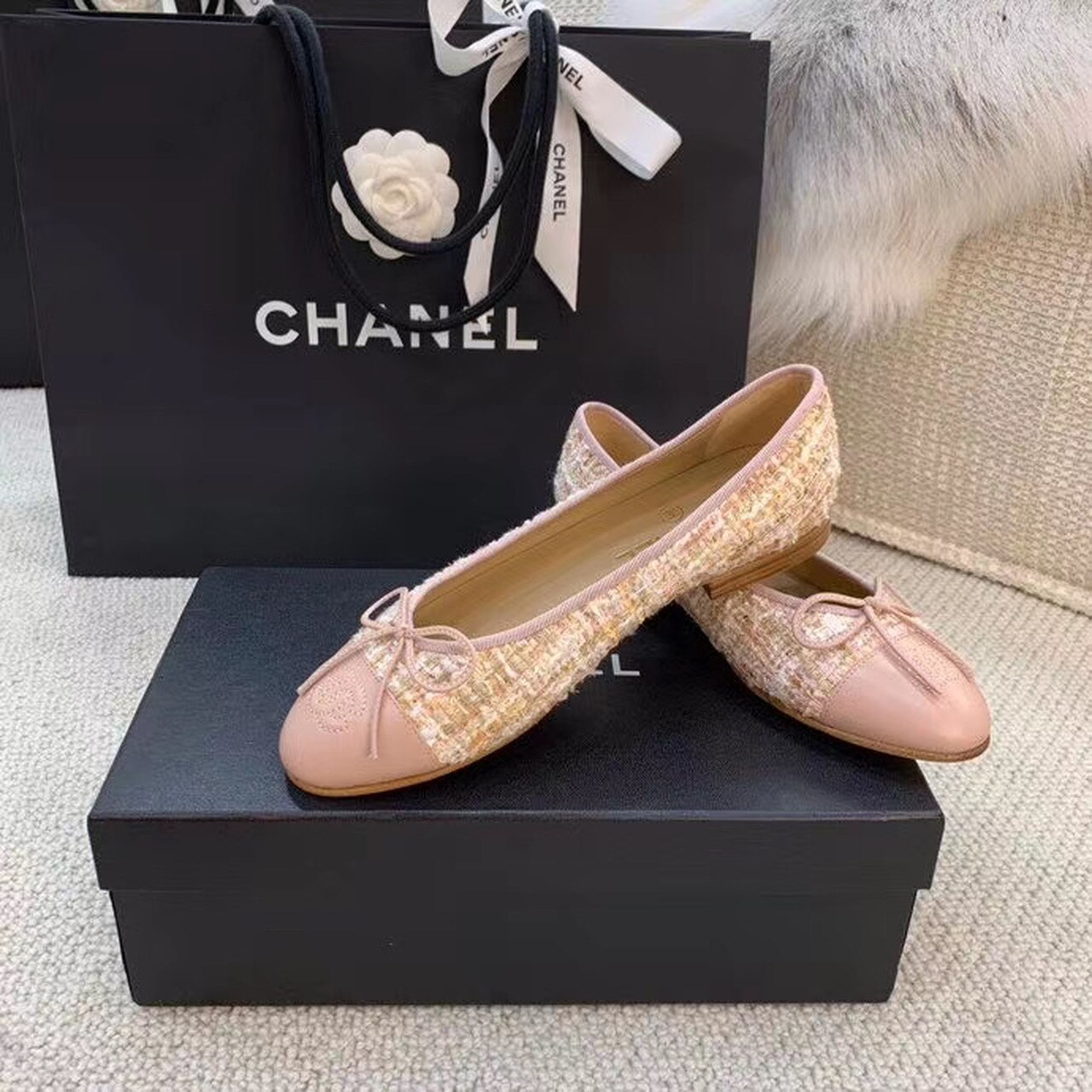 Ch**el Ballerina Flats Tweed and Grosgrain Light Pink For Women, Women’s Shoes G02819